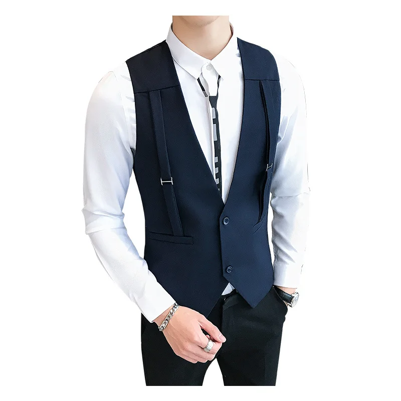

Quality High Spring Men's Vest Business Gray Strap Man Short Vest Casual V-collar Carelecos Para Hombre Vest Waistcoat