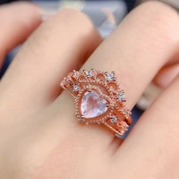 s925 engagement wedding ring natural rose quartz heart crown ring set 925 sterling silver womens rings for gift