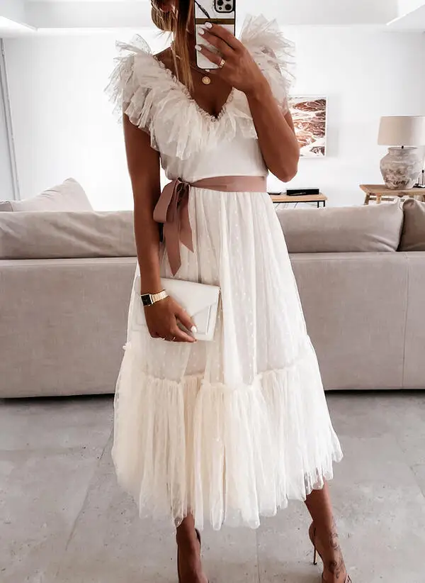 

Women Vintage Long Dress Floral V-Neck Polka Dots Mesh Sleeveless Ruffles Belt Pleated Dress Elegant Sexy Chic Dress
