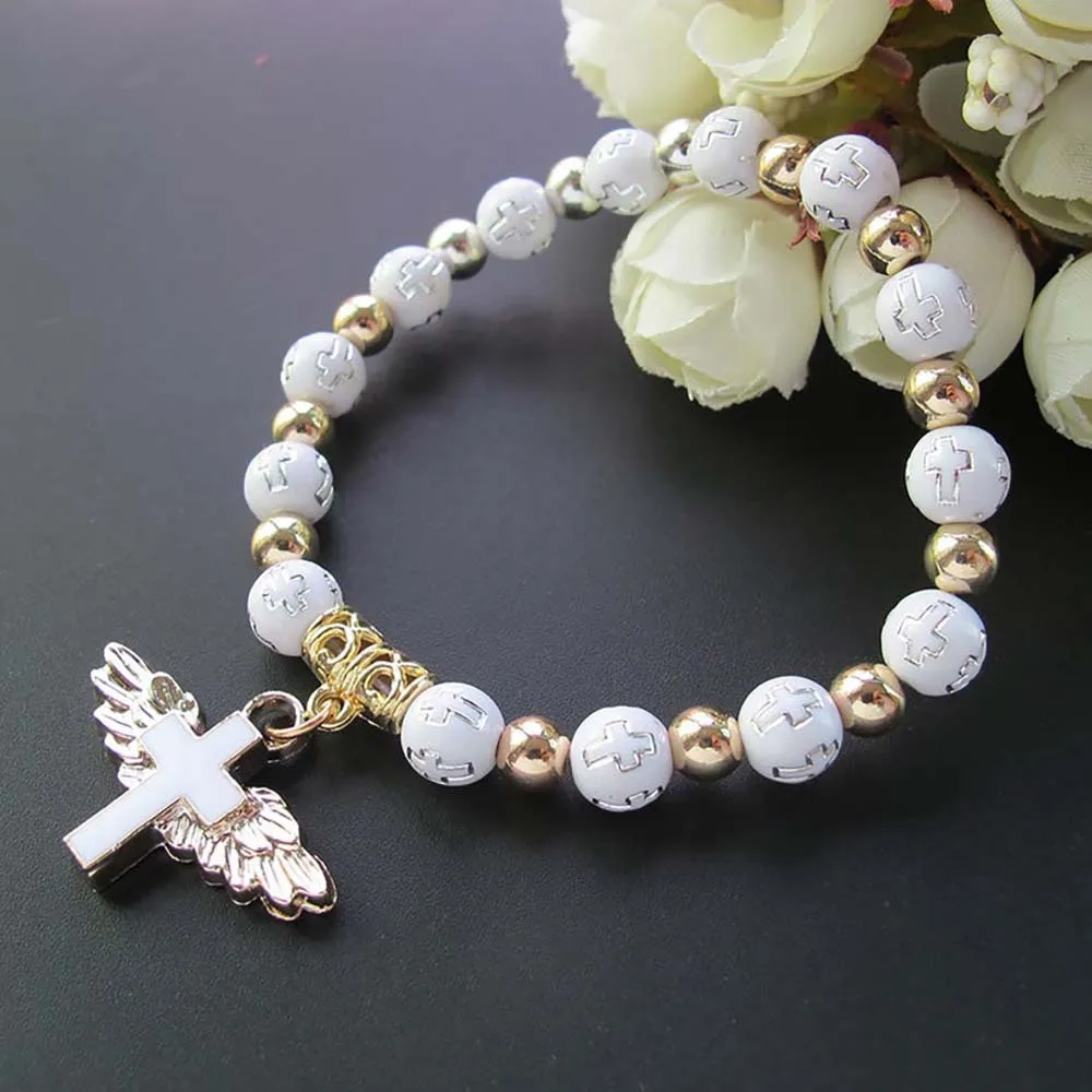 

12Pcs Handmade White Red Blue Acrylic Beads Bracelet for Women Christ Cross Prayer Bracelet Angel Wing Baptism Chaplet Bracelet