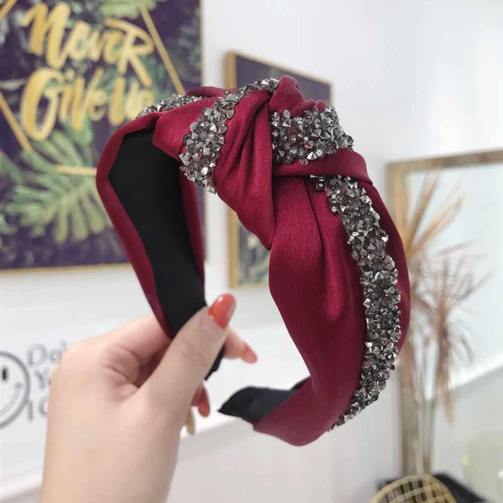 

Fashion Rhinestone Hairband Women Solid Wide Side Headband Middle Knot Turban Girls Autumn Winter Hair Accessories Headwear