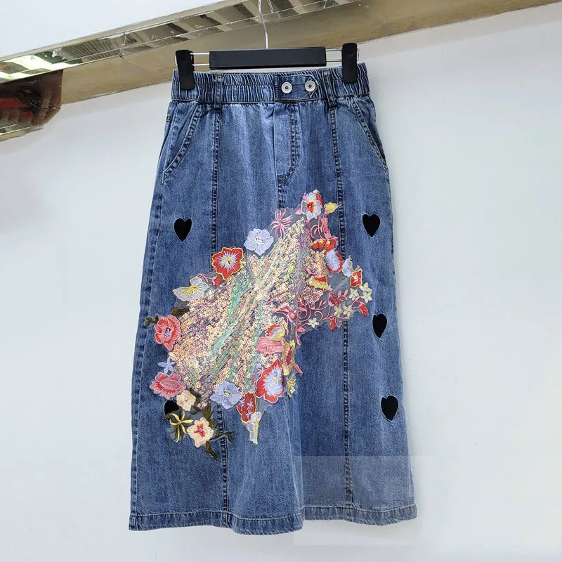 

SeeBeautiful Sequins Embroidery Loose Denim Shirt Elastic Waist Half-body Skirt Two Pieces Woman Summer 2021 New Fashion E629