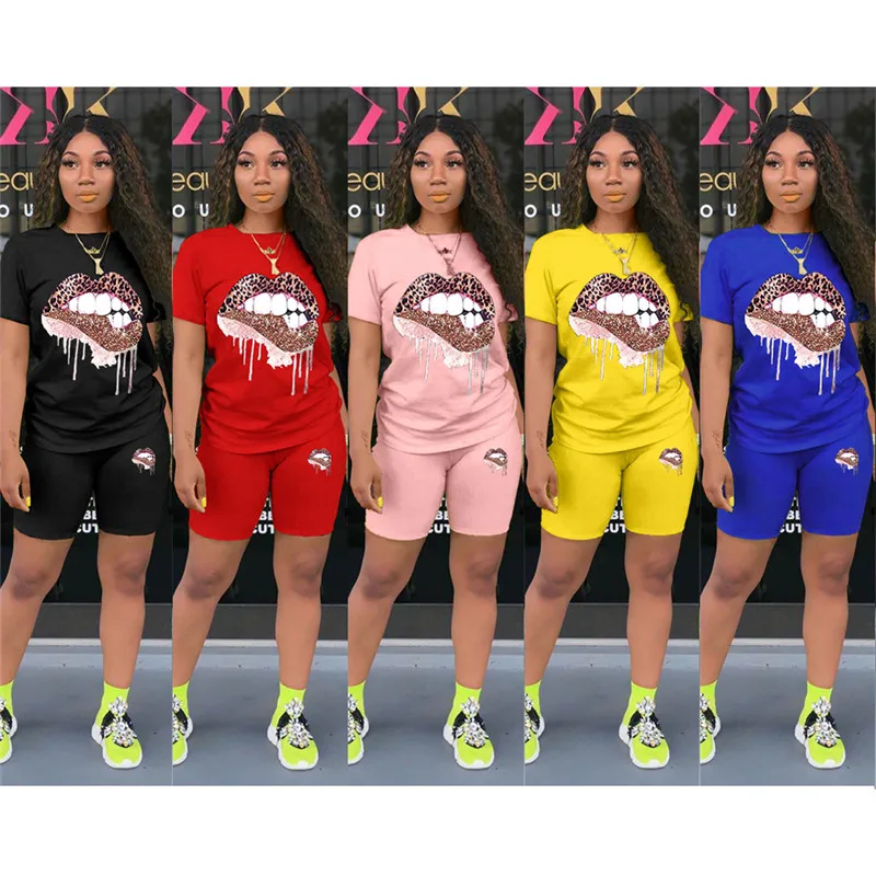 2 Pieces Women Casual Outfit Crew Neck Short Sleeve Exaggerated Lips Print Pullover T-shirt Top+ Elastic Waist Shorts Streetwear | Женская