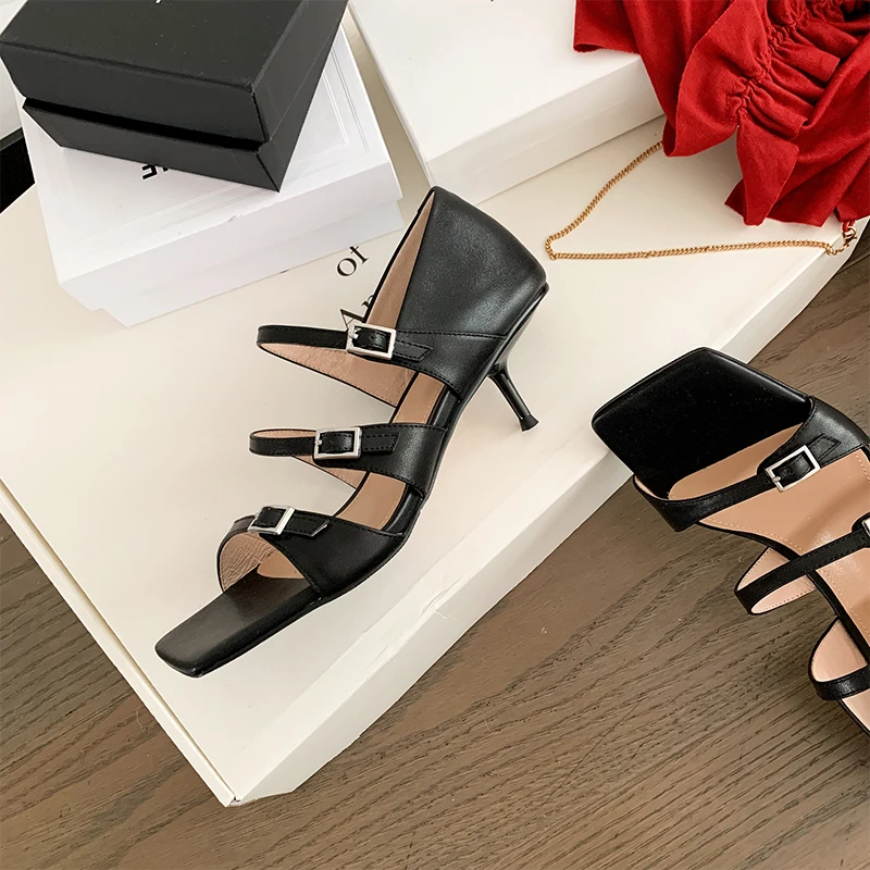 

Buckle Summer Women Sandals 2021 Fashion Newest Genuine Leather open Toe Shoes Woman Retro high Heels Pumps Female