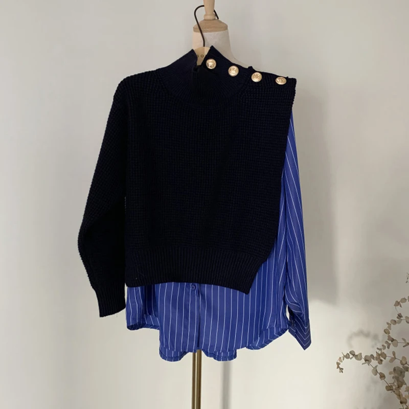 

VGH Striped Hit Color Korean Sweater For Women Turtleneck Long Sleeve Patchwork Button Casual Knitted Pullovers Female Fashion