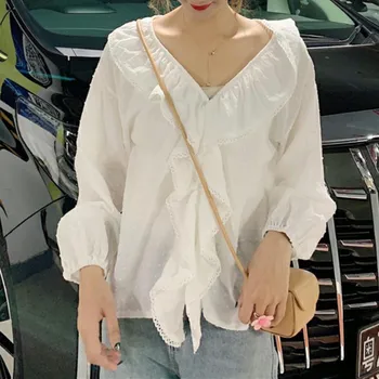 Women White Shirt Korean Style Sweet V-neck Tops Long Sleeve Blouses Ruffle Lace Long Sleeve Tops 1