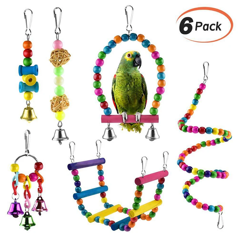 

Parrot Toy Set Sepak Takraw Bell Hanging String Small Pet Supplies Station Stick Color Ladder Wooden 6-piece Bird Toy For Parrot