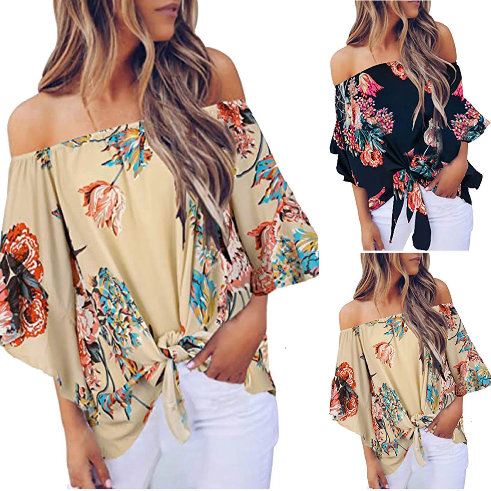 

В стиле ретро; С мелким цветочным принтом Блузка женская одежда в полоску с принтом топы с открытыми плечами 3 4 клеш колокол с длинным рукаво...