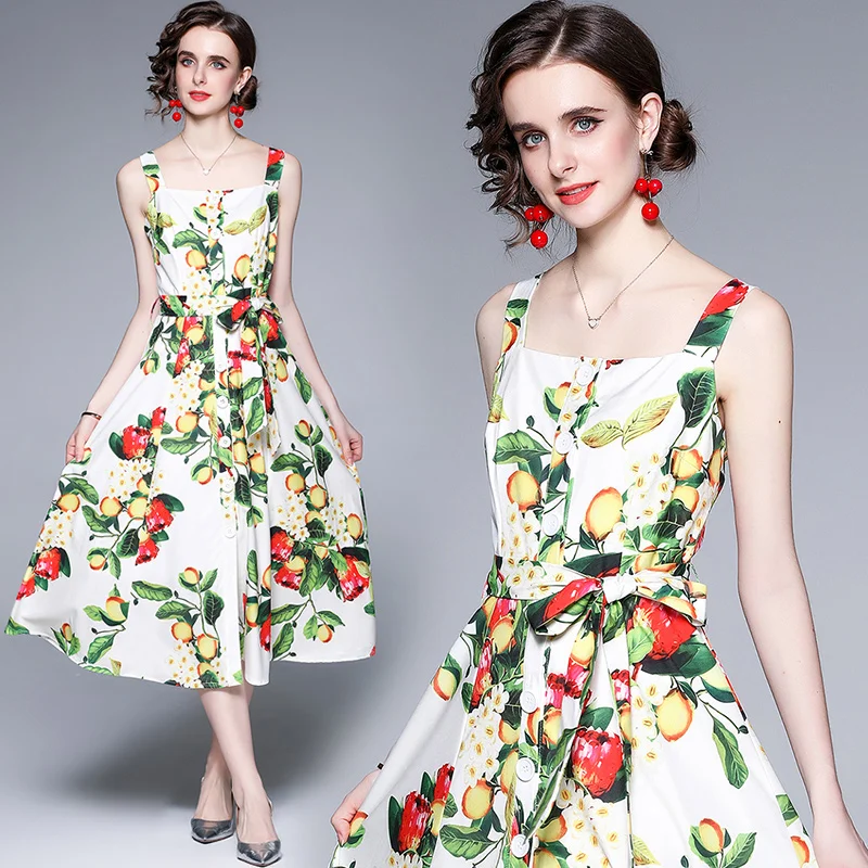 

Simgent Beach Summer Dress Women Sleeveless Buttons A Line Elegant Floral Print Midi Long Sundress Vestidos Femme Robe SG15193