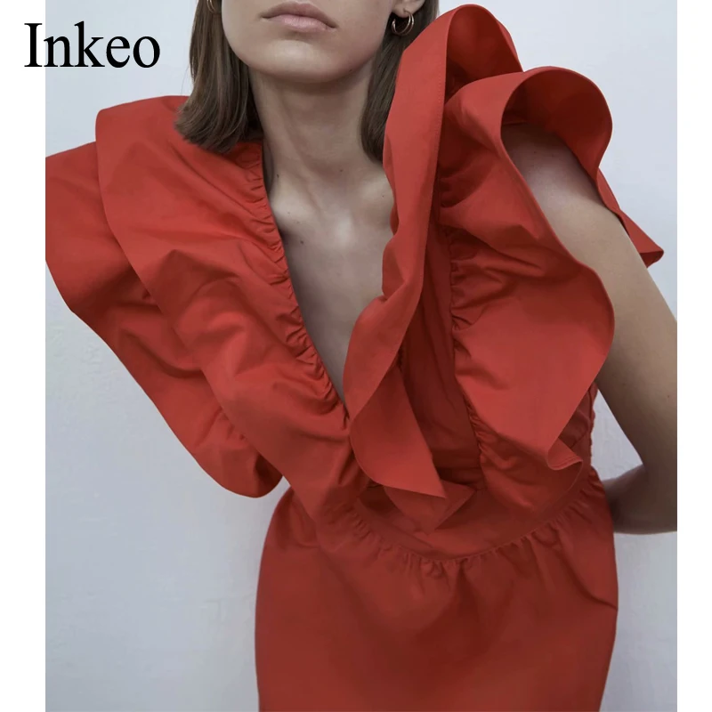 

Sexy V-neck Women ruffles dress Red 2020 New arrival Elastic waist Female A-line Mini dress Fashion Club Vestidos INKEO 9D268