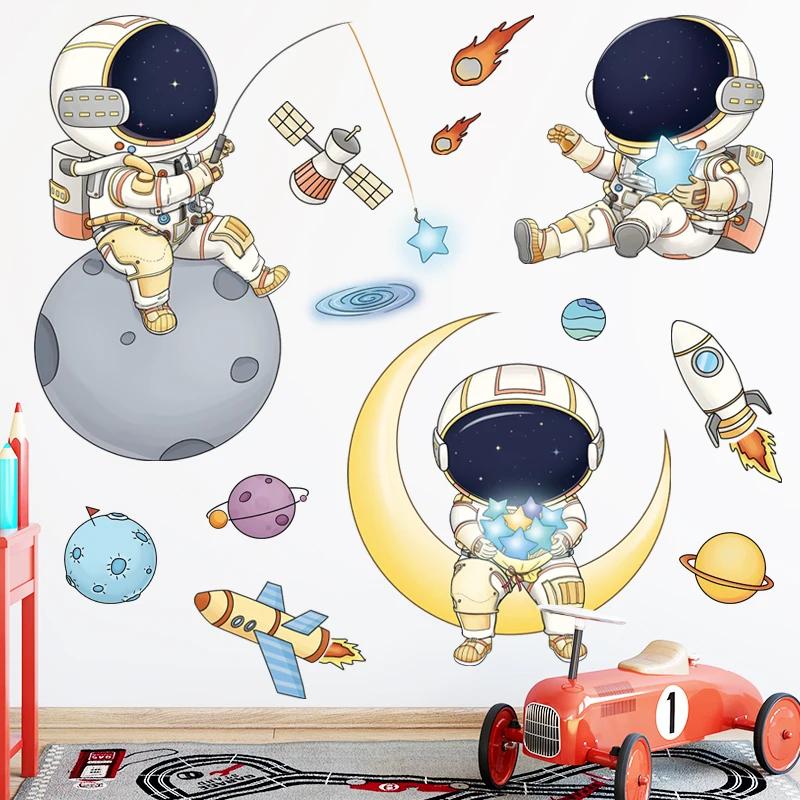 

Kawaii Removable Wall Stickers Cartoon Travel Astronaut Spaceship Rocket Kindergarten Children's Room Wall Sticker Decoration