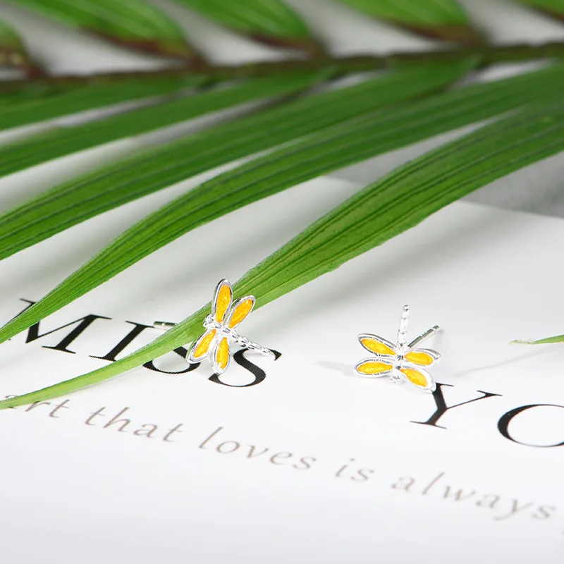 

925 Sterling Silver Animals Enamel Dragonfly Stud Earring For Women Wedding Gift Ear Pierced Earrings Fashion Jewelry eh1237