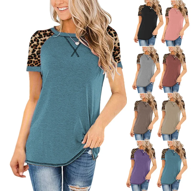 

Spring and Summer Hot Style Ladies Round Neck T-shirt Short-sleeved Slimming Bottoming Shirt Leopard Print Stitching A176