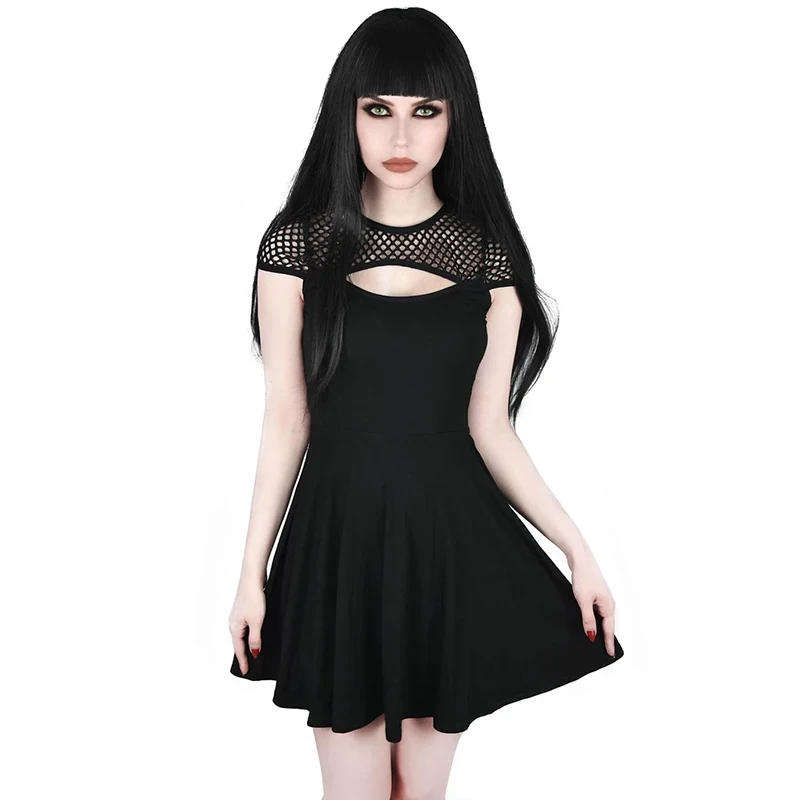 

Summer Ladies Dress 2021 Punk Short Sleeve Hollow Mini Vintage Black Gothic Dresses for Women