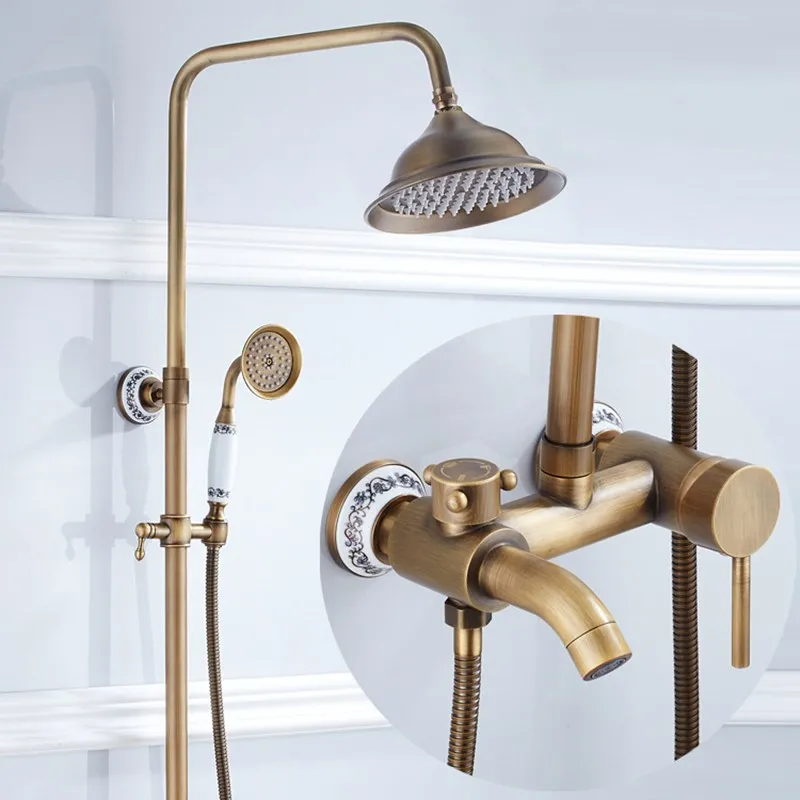 

European Bronze Antique Shower Set Ceramic Round Base Retro Luxury Shower Suite Round Head With Sprayer Handle Solid Brass