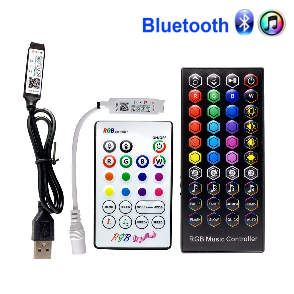 

Музыкальный Bluetooth-контроллер с 23 клавишами, 40 клавиш, ИК-пульт дистанционного управления для светодиодной ленты 5 В, 12 В, микрофон, смарт-приложение для прослушивания музыки, USB RGB-контроллер