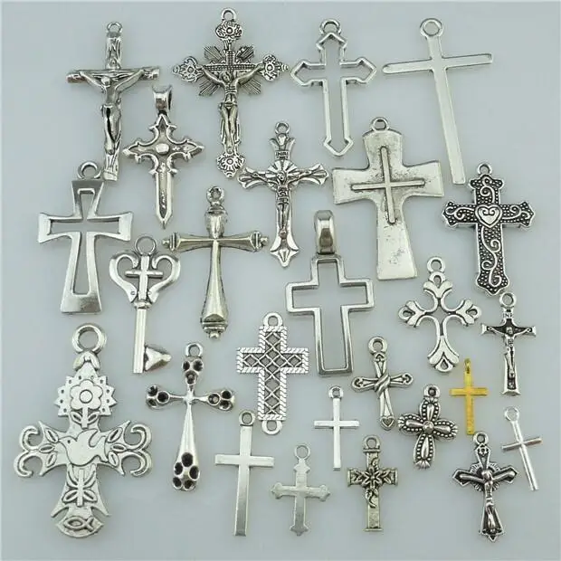 

25PCS MIX Cross Pendant Vintage Antique Silver Tone Alloy Faith Religious Charm（Without necklace)