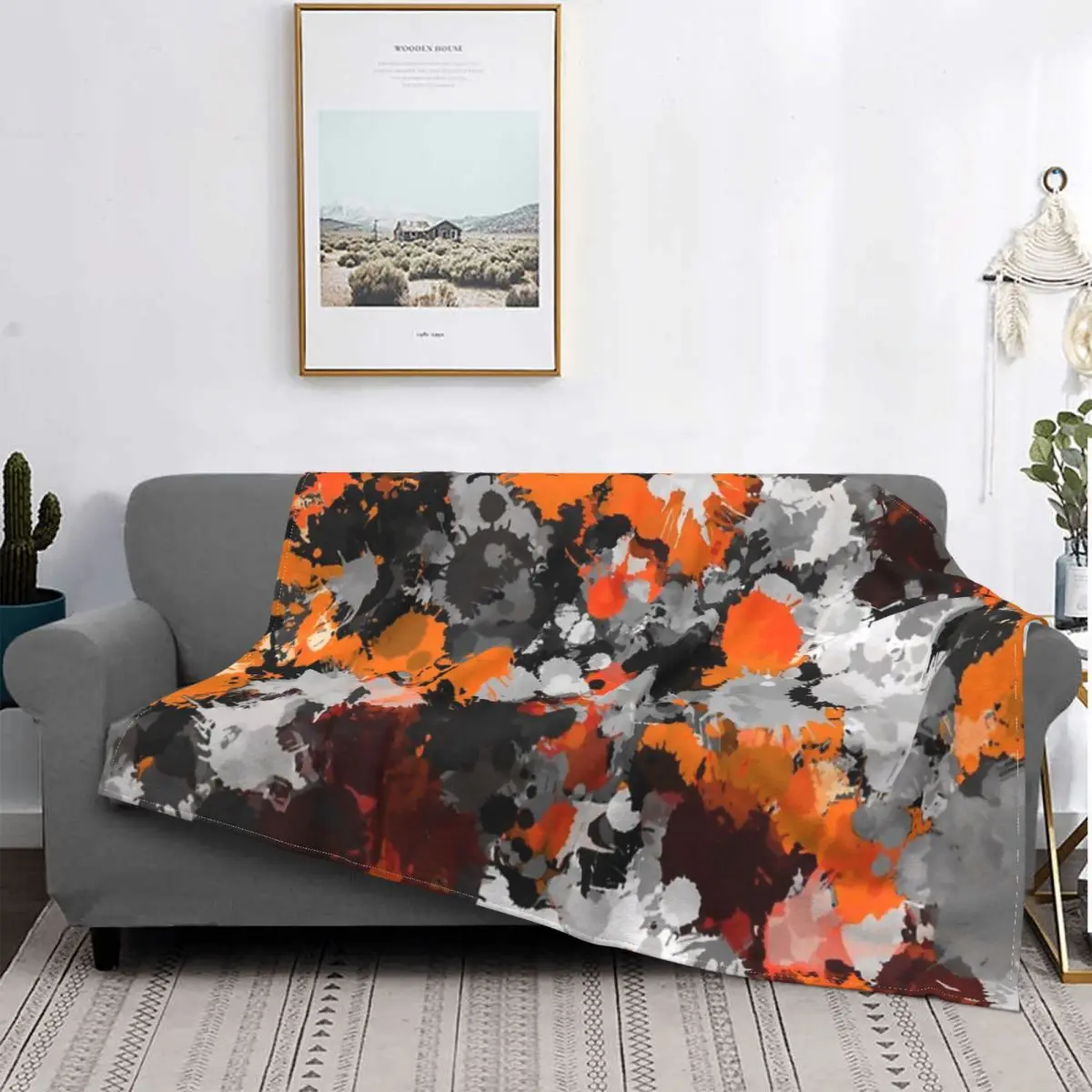 

Manta de salpicaduras de pintura naranja y gris, colcha para cama a cuadros, funda para sofda, Sudadera con capucha