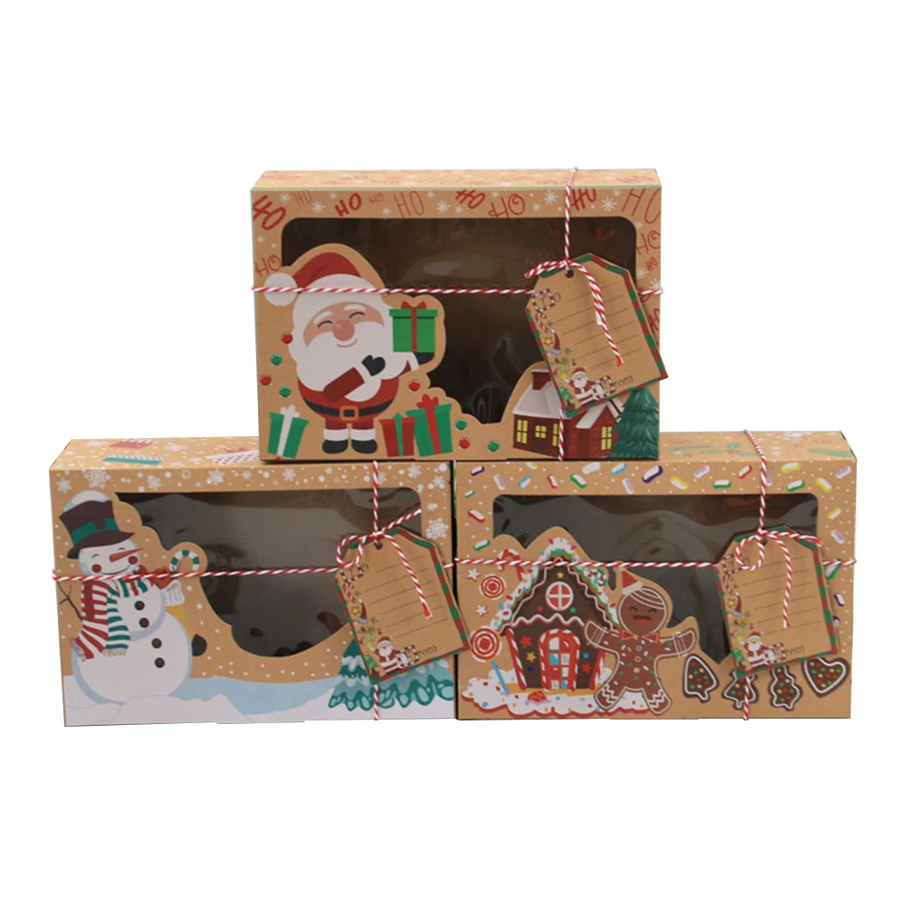 

Kraft Paper Box Clear Windowed Christmas Biscuit Cookies Snacks Package Gift Box with Santa Claus Gift Card Packaging Candy Box