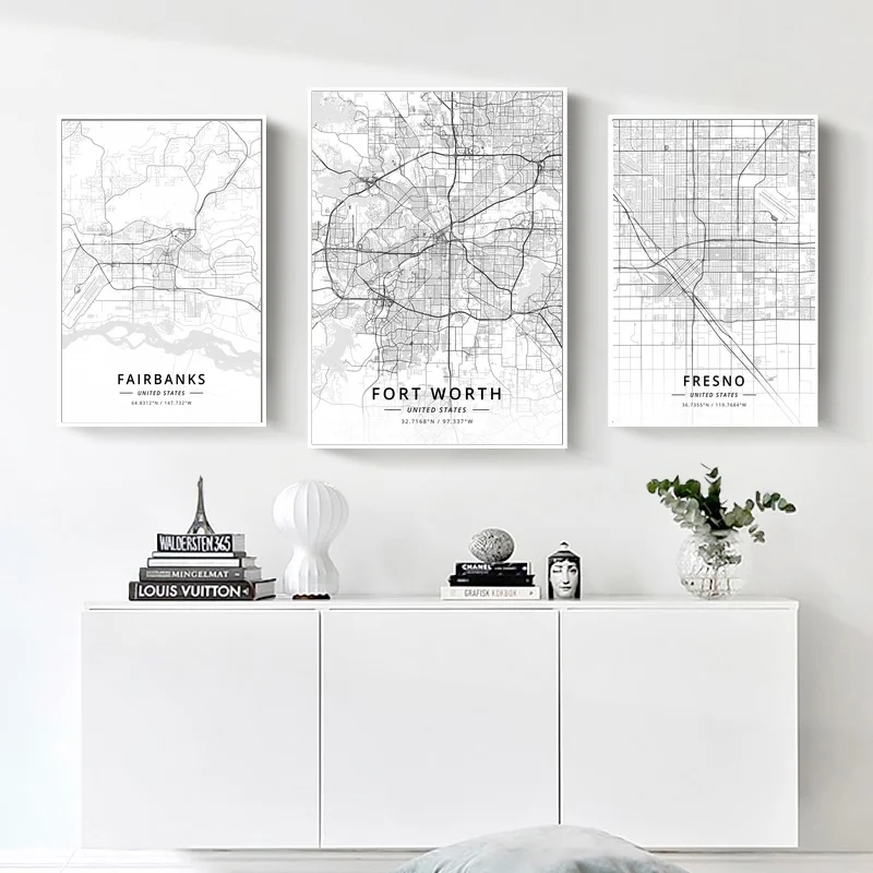 

Fairbanks,Fort Worth,Fresno,Green Bay,Kansas City,Modern United States City Map Poster Canvas Wall Art Print Home Decor
