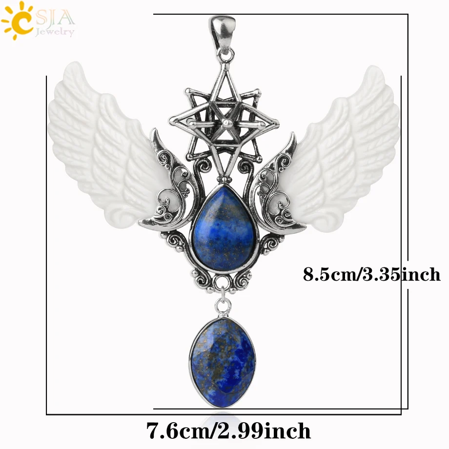 CSJA Merkaba Water Drop Crystal Necklace Natural Stone Pendants Vintage Angel Wing Jewelry Lapis Lazuli Necklaces Collier G780 |