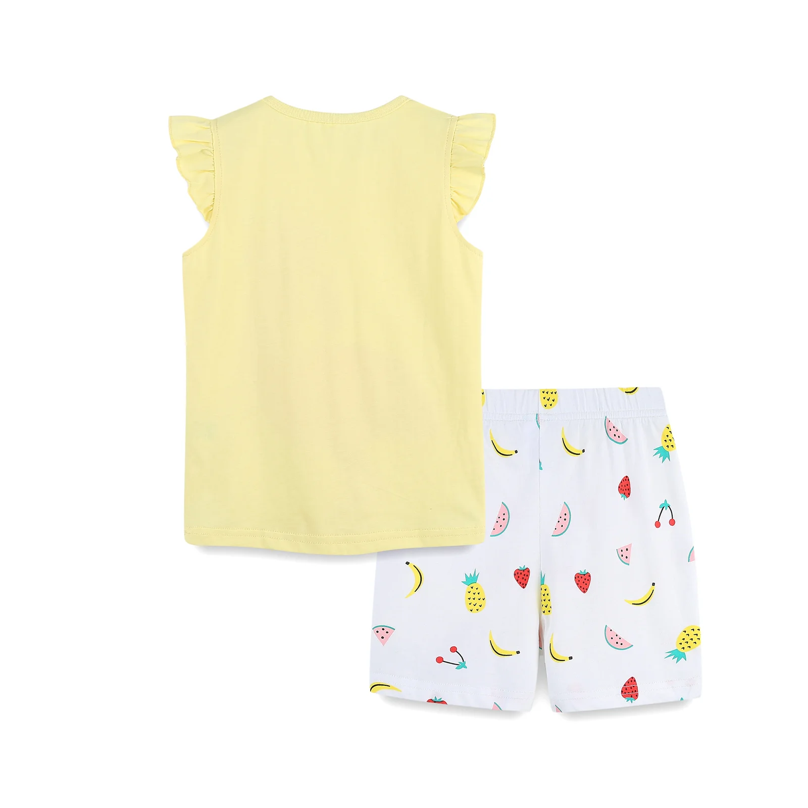 

2021 2Pcs Little Girls Outfit, Summer Toddlers Cartoon Flamingo Printing Fly Sleeve Round Collar Top + Fruits Shorts Set