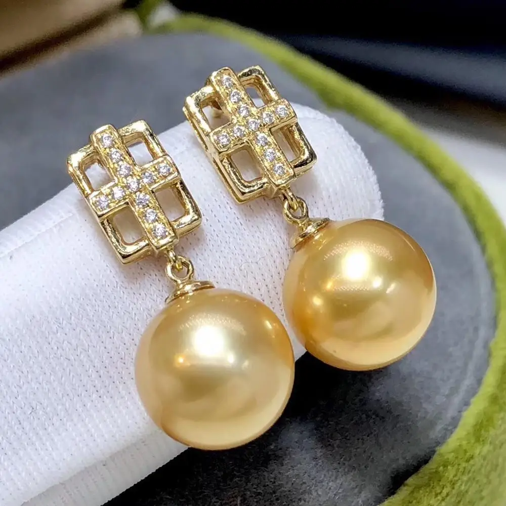 Fine Jewelry 1103 Pure 18 K Gold Phillipine Natural Ocean Golden Pearls 10-9mm Stud Earrings for Women Pearl | Украшения и