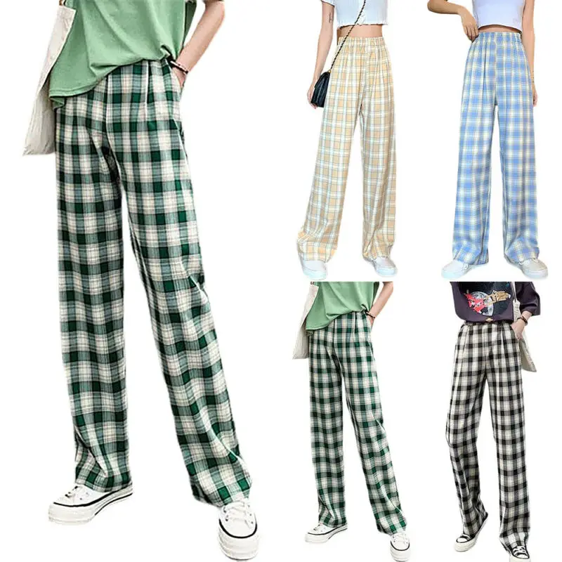 

Womens Casual Plaid Elastic Waist Wide Leg Pants Ladies Loose Straight Trousers