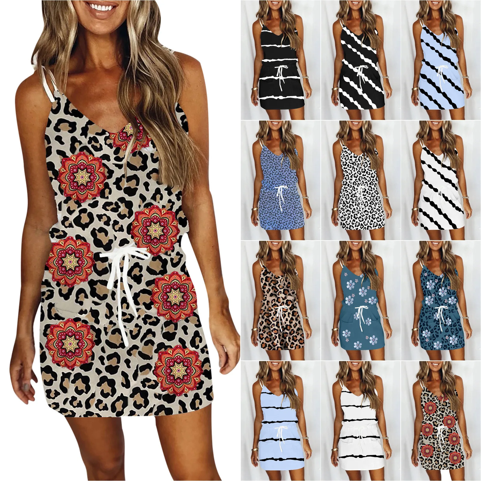 

2021 summer women's striped print drawstring temperament midi dress