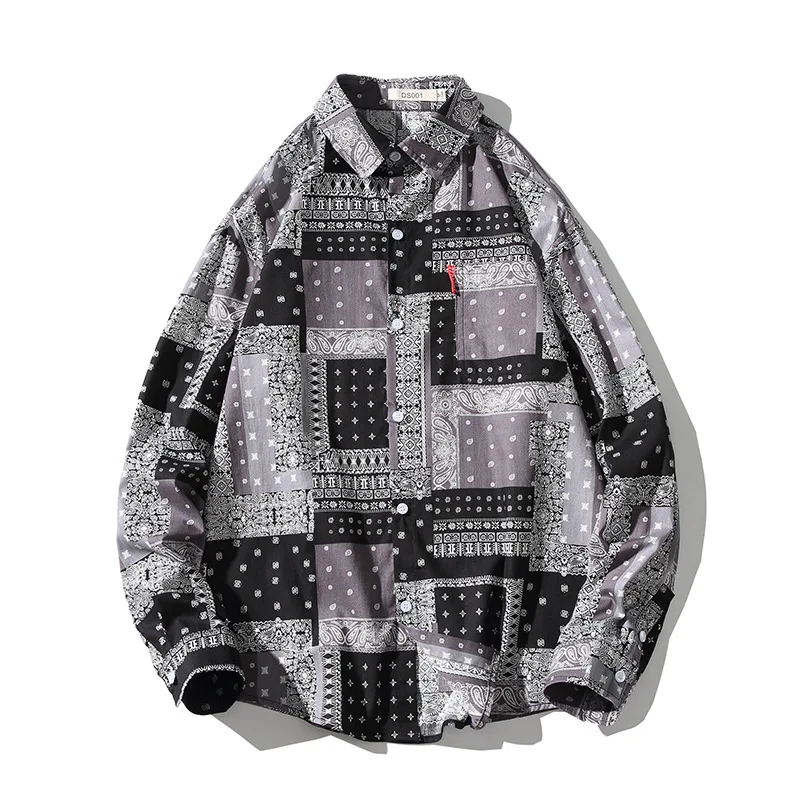 

Plus Size 5XL High Quality Fashion Casual Loose Men Printed Patchwork Cotton Long Sleeve Shirt