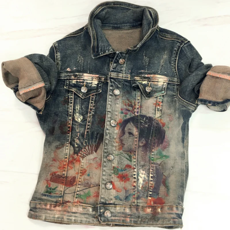 

2022 spring autumn retro denim jacket women hot stamping painted graffiti jeans coat