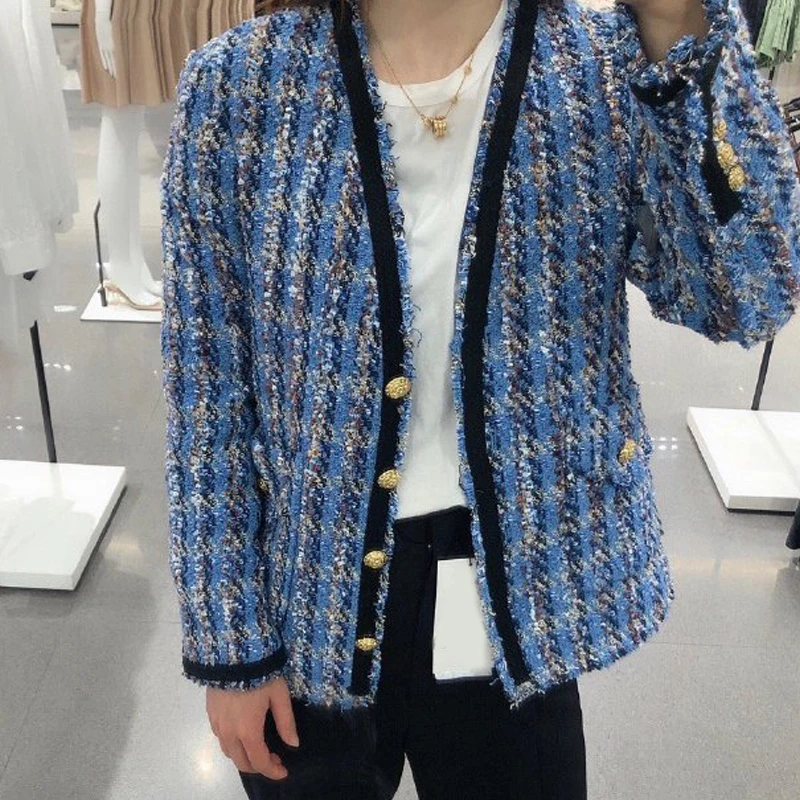 2020 New Vintage Women Blue Plaid Tweed Jacket Chic Single Breasted V-Neck Tassel Coat Woman Spring Autumn Outwear | Женская одежда