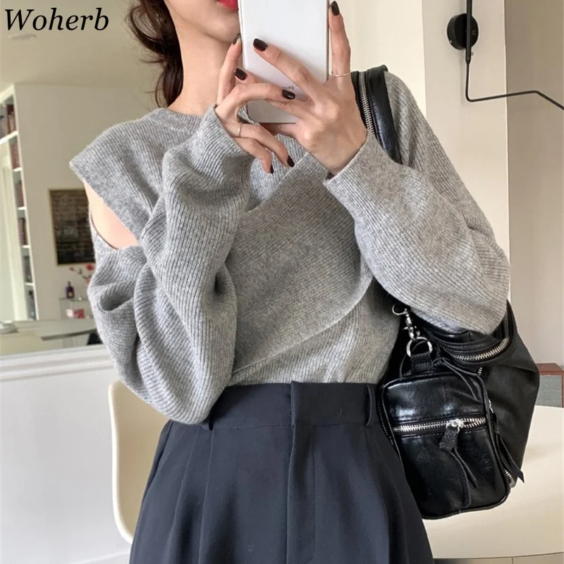 Woherb 2021 Новый однотонный сексуальный пуловер свитер с открытыми плечами