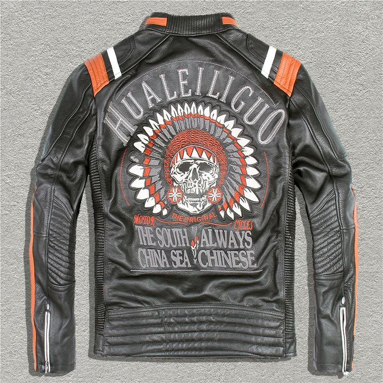 

Punk URBANBARON Men's style Embroidery skulls motorcycle Vintage black genuine leather men biker jacket