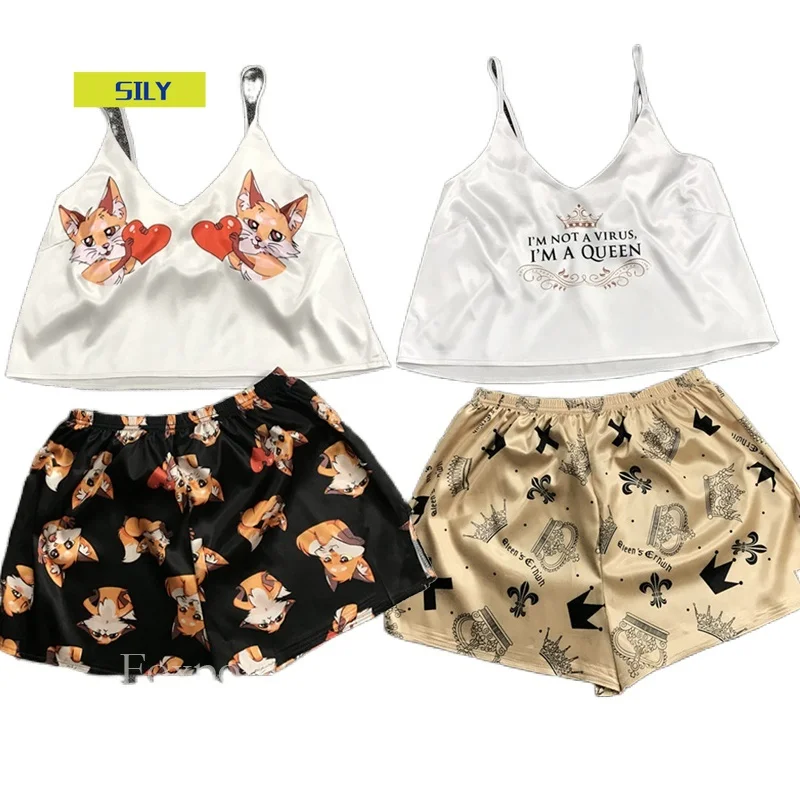 

Sexy Pijamas Women Pajama Set Kigurumi Unicorn Silk Home Suit Fox Print V Neck Pyjama Woman Femme Sleepwear Satin 2020 Summer