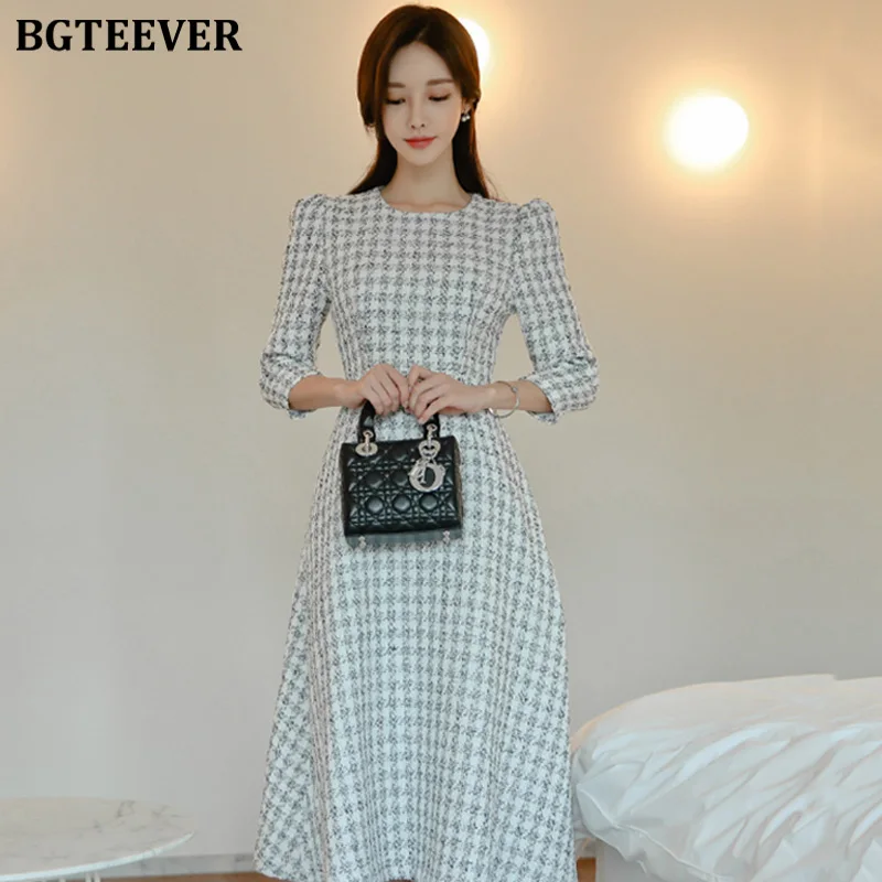 BGTEEVER винтажное клетчатое ТРАПЕЦИЕВИДНОЕ женское платье с круглым вырезом
