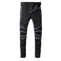 new mens male trousers autumn winter style american street trend black trim jeans personality slim fit motorcycle denim pants