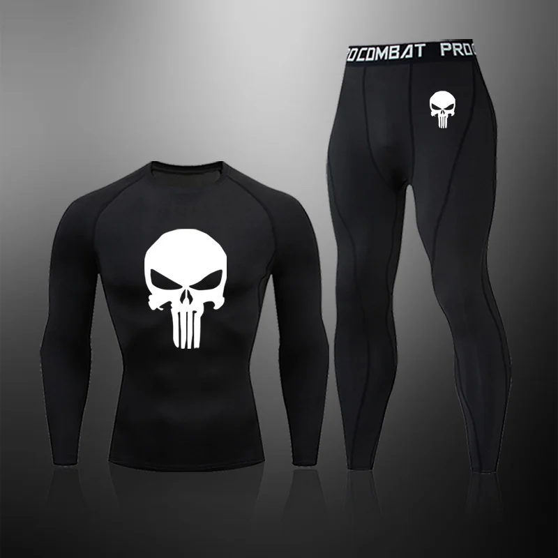

Мужские компрессионные комплекты для ММА, спортивный костюм с черепом, спортивный костюм, комплект для бега и бега, Рашгард, одежда для спор...