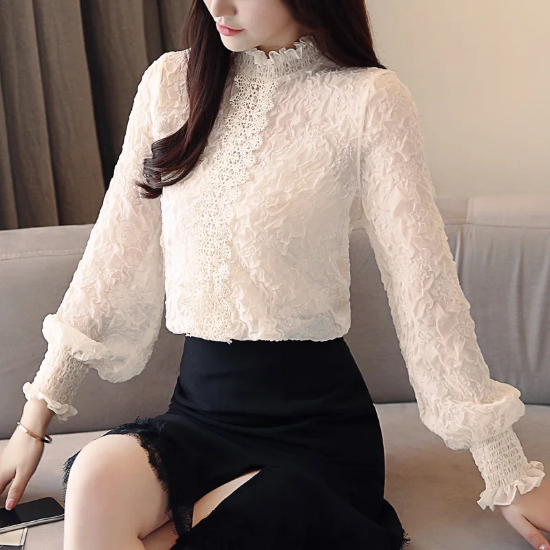 

Women lace Tops blouses embossing spliced ear Chiffon shirt Lantern sleeve Casual Ruffles lace blouse women shirts blusas