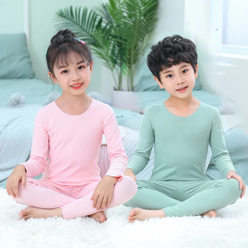 

New Children Plus Velvet Seamless Underwear Set Autumn Winter Long Sleeved Fever Pajama Unisex Teen Warm Long Trousers Sleepwear