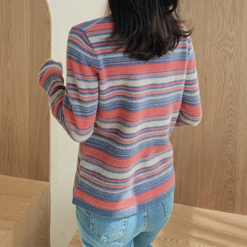 ATTYYWS New high collar ladies100% cashmere sweater long sleeve striped knit pullover soft warm fashion trend winter | Женская одежда