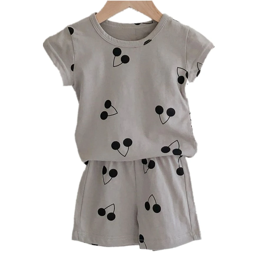 Летние хлопковые серые топы с короткими рукавами и рисунком вишни для младенцев
