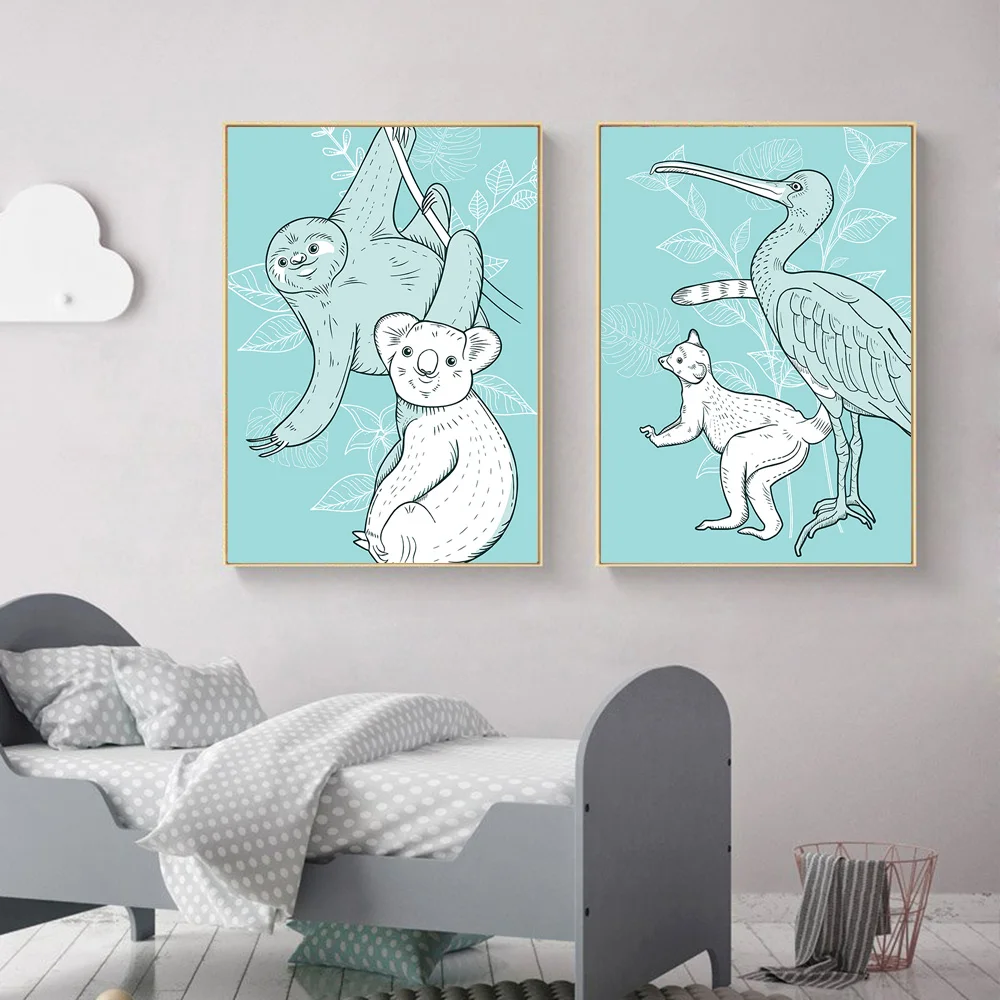 Мультяшные дикие животные Ленивец попугай кенгуру скандинавские плакаты и