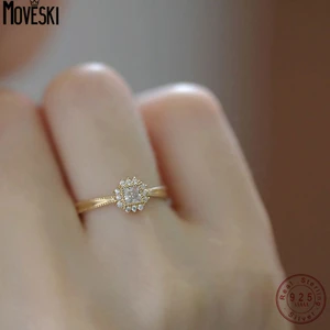 MOVESKI Micro-set Square Zircon 925 Sterling Silver Temperament Open Ring for Women Valentines Day Wedding Jewelry Gift