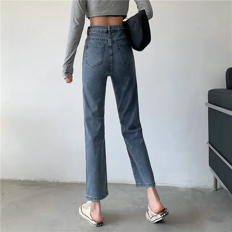 

High Waist Jeans for Women Spring 2021 New Small Elastic Straight Loose Slimming Cropped Pants for INS Students