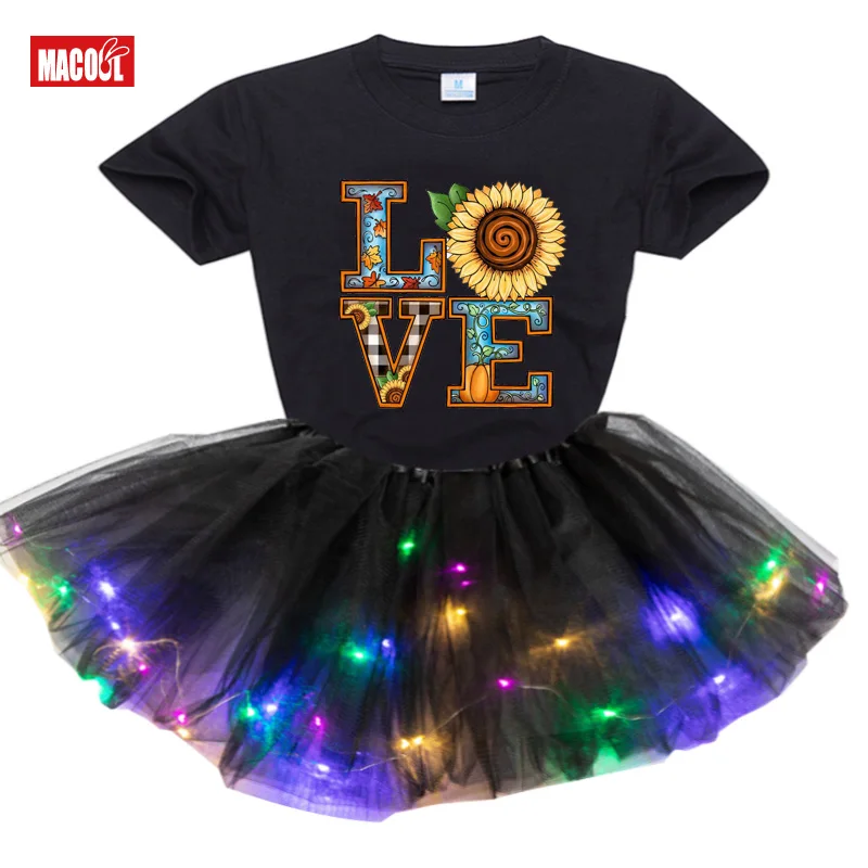 Toddler Girls Clothes Sets Kids Baby Infant Clothing Girls Short Sleeve T-shirt Tops Luminous Print Skirts Dress Fall Outfit Set