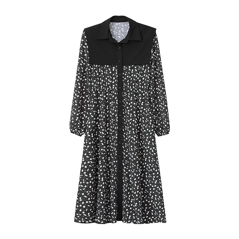 

TVVOVVIN 2021 Korean Spring New Simple Lapel Spliced Long Sleeve Print High Waist Knee-length Pleated Dress UN12