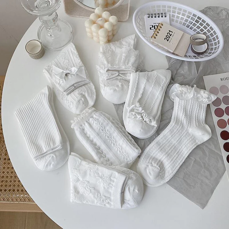 Lolita White Lace Socks Women Heart Bowknot Cotton Socks Femme Sweet JK Socks Ankle Dress Calcetine Medias