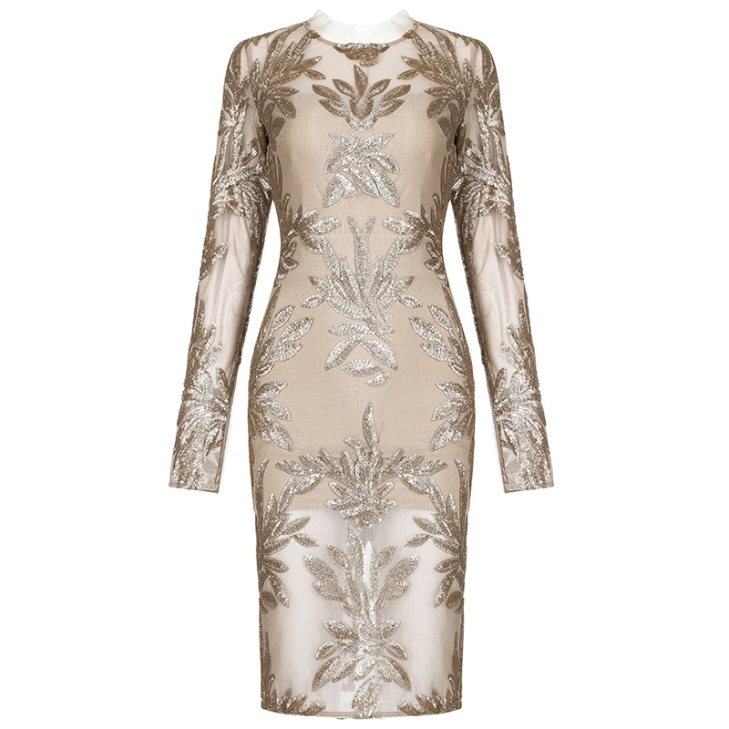 

INDRESSME 2019 New O Neck Long Sleeve Floral Pattern Sequin Embroidery Knee-Length Bandage Dress Women Sexy Mesh Party Vestidos