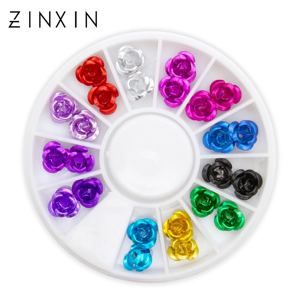 

ZINXIN Metal Rose Flower Mixed Color Neon Nail Rhinestone Manicure 3D Nails Art Tips Decoration 12Grid Wheel Box Accessories